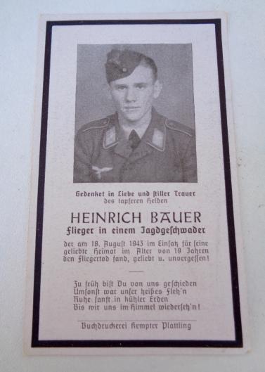 Luftwaffe Fighter Pilot Death Notice