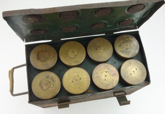 British WW2 steel 25 Ponder Shell Box with 8 Shells