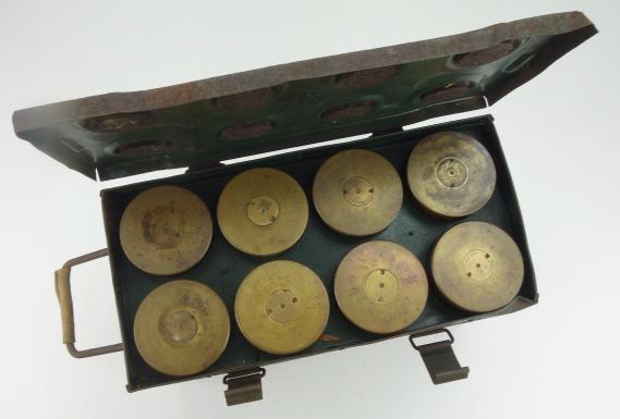 British WW2 steel 25 Ponder Shell Box with 8 Shells