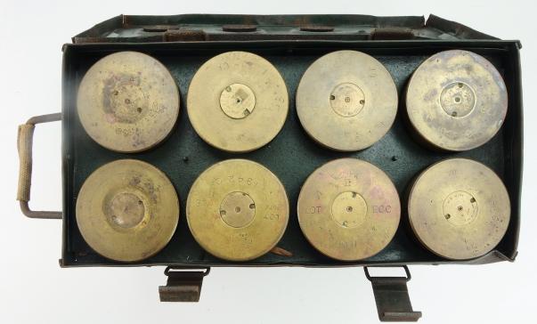 British WW2 steel 25 Ponder Shell Box with 8 Shells
