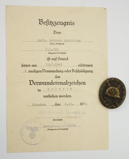 Wehrmacht Wound Badge and Award Document