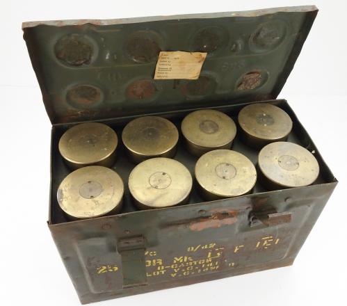 British WW2 steel 25 Ponder Shell Box with 8 Shells
