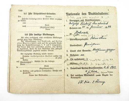 German WW1 U Boot Pass with Insignia U34 Canaris