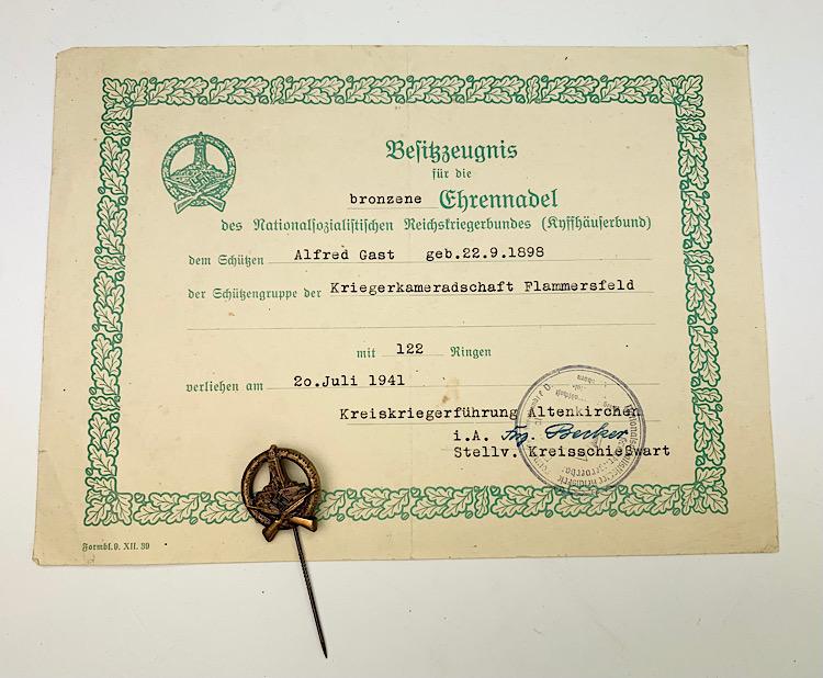 Kyffhäuser Bund Stickpin with Award Document
