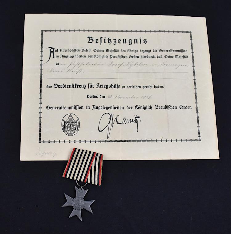 WW1 Verdienstkreutz für Kriegshilfe with Award Document
