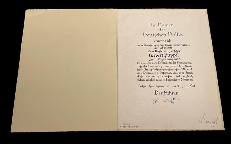 Third Reich Promotion Award signed Reichsminister Von Krosigk