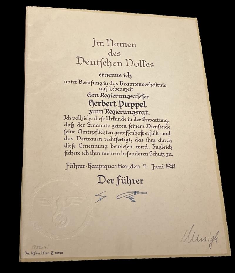 Third Reich Promotion Award signed Reichsminister Von Krosigk