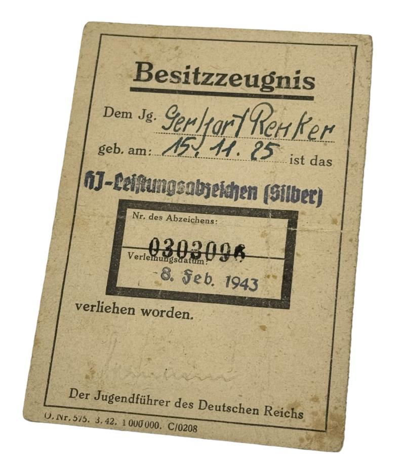 Bezitzzeugnis Hitler-Jugend Leistungsabzeichen Silber