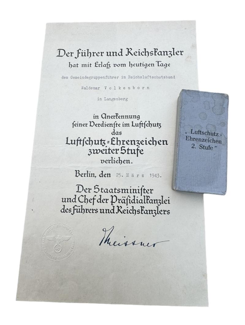 Luftschutz Medal in Case with Award Document