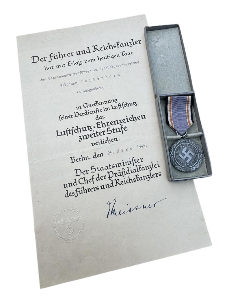 Luftschutz Medal in Case with Award Document