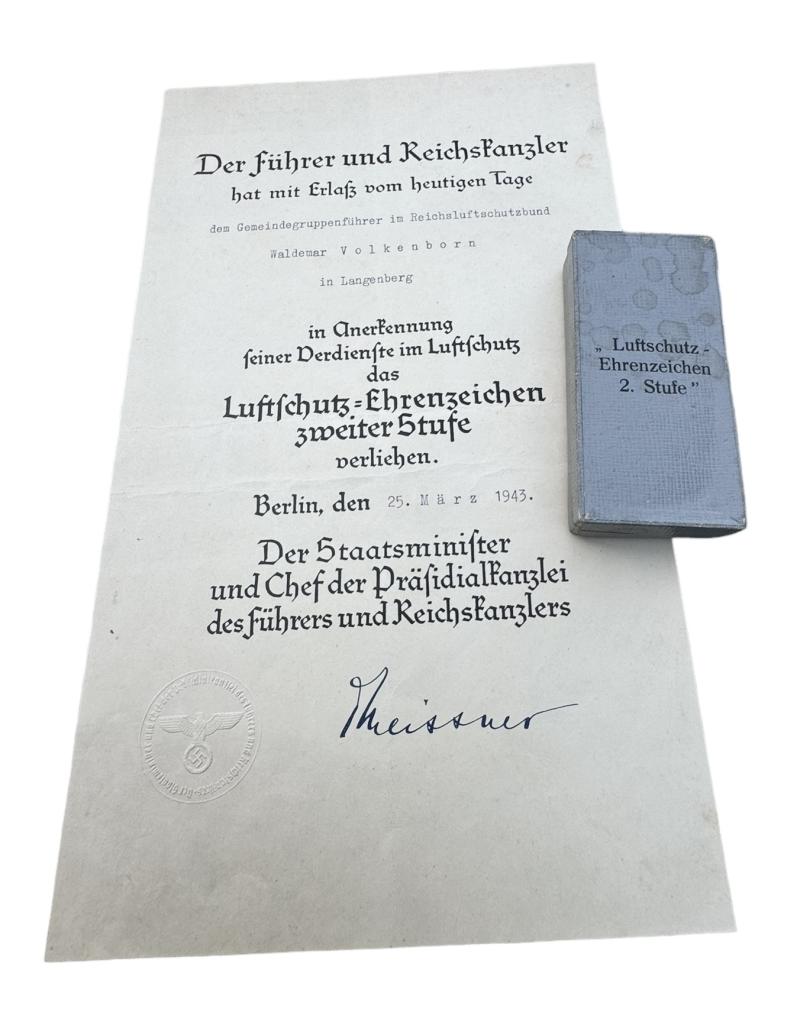 Luftschutz Medal in Case with Award Document