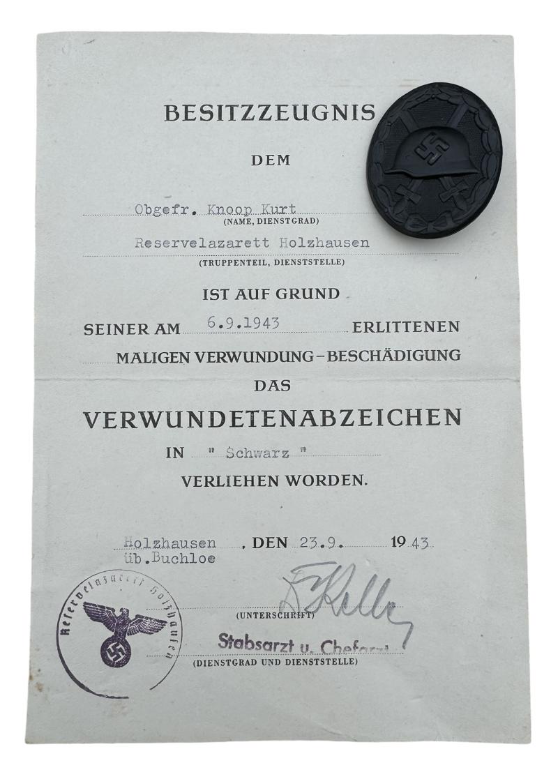 Wehrmacht Wound Badge Black with Award Document