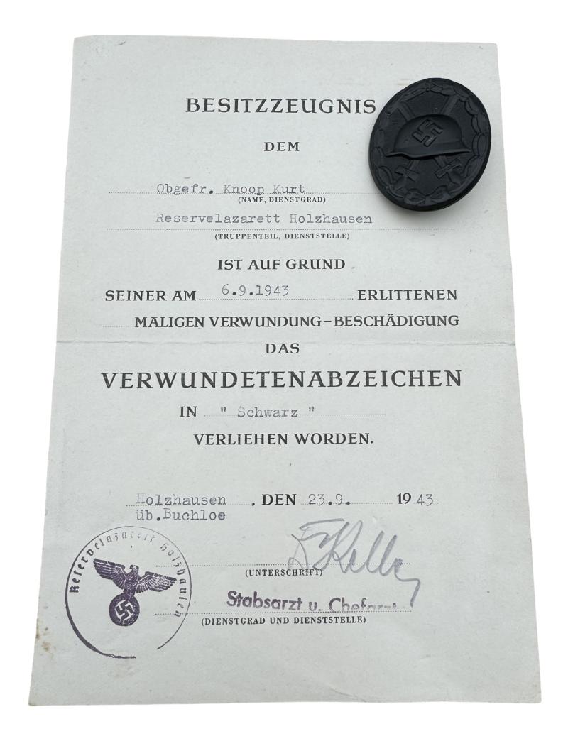 Wehrmacht Wound Badge Black with Award Document