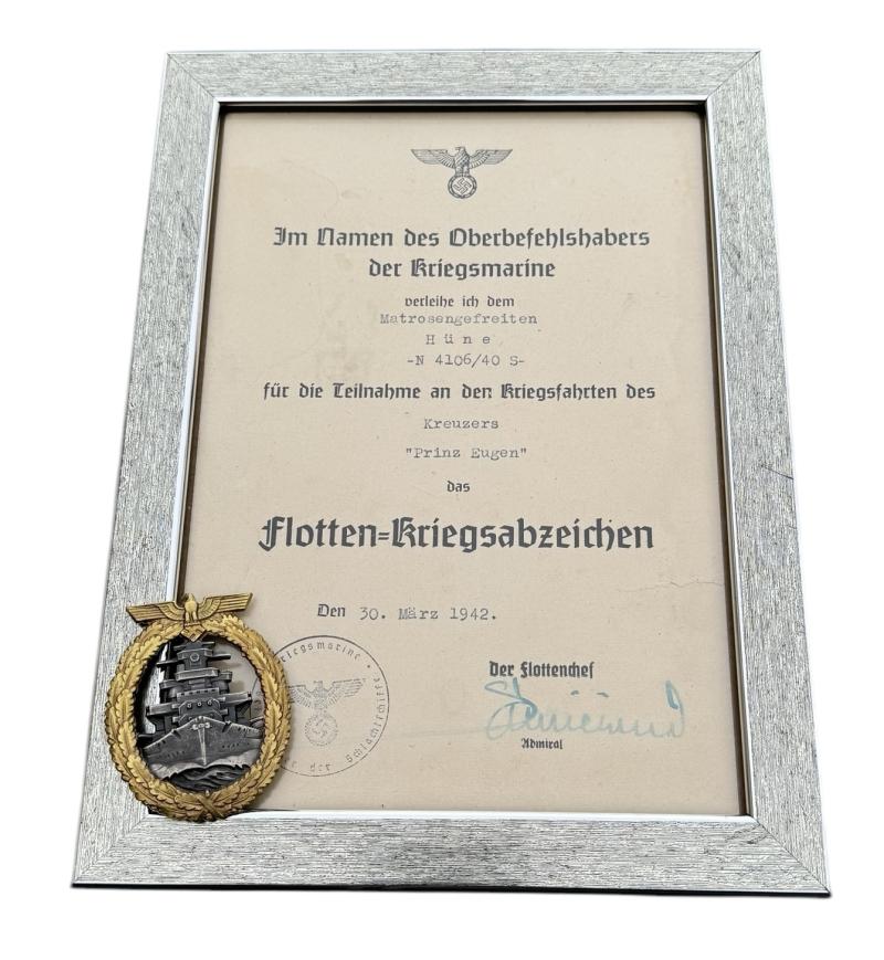 Kriegsmarine Flotten-Abzeichen with Award Battle Ship “Prinz Eugen”