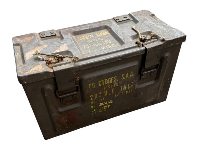 British WW2 small metal Ammunition Box 20mm Hispano Canon Rounds