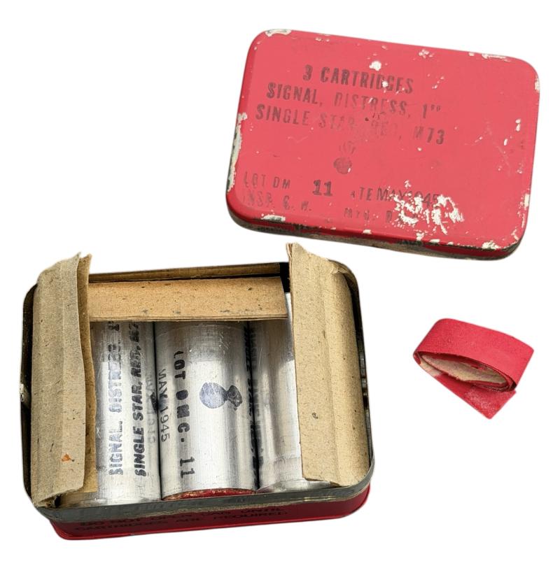 US WW2 Metal Flare Tin with 3 (Empty) Red Signal Flares