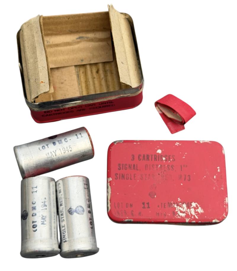 US WW2 Metal Flare Tin with 3 (Empty) Red Signal Flares