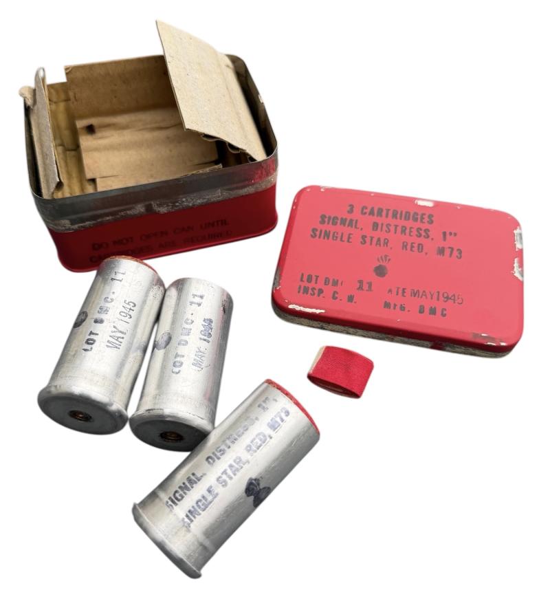US WW2 Metal Flare Tin with 3 (Empty) Red Signal Flares