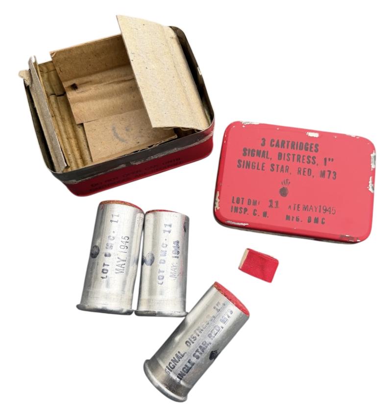 US WW2 Metal Flare Tin with 3 (Empty) Red Signal Flares