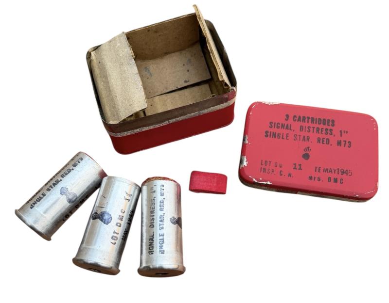 US WW2 Metal Flare Tin with 3 (Empty) Red Signal Flares