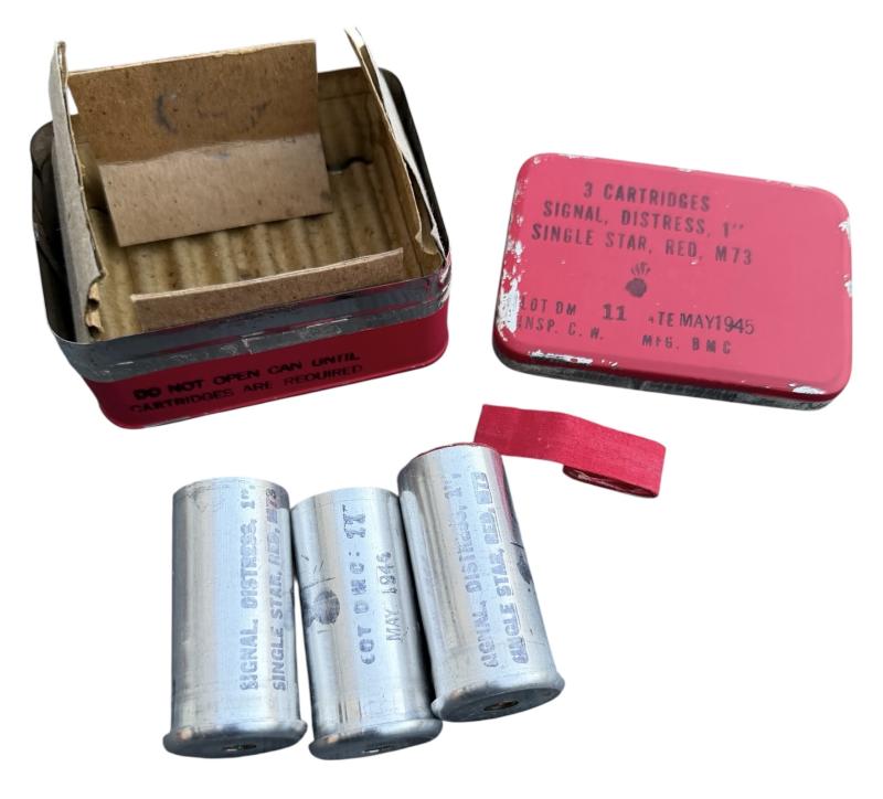 US WW2 Metal Flare Tin with 3 (Empty) Red Signal Flares
