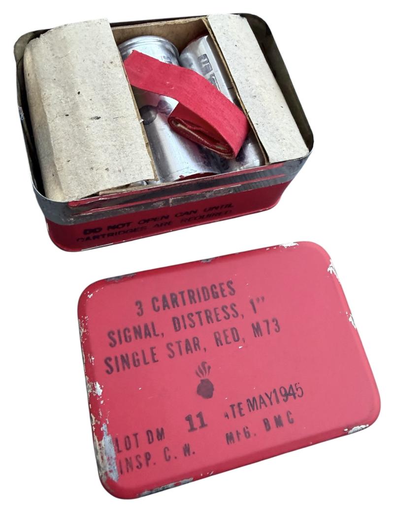 US WW2 Metal Flare Tin with 3 (Empty) Red Signal Flares