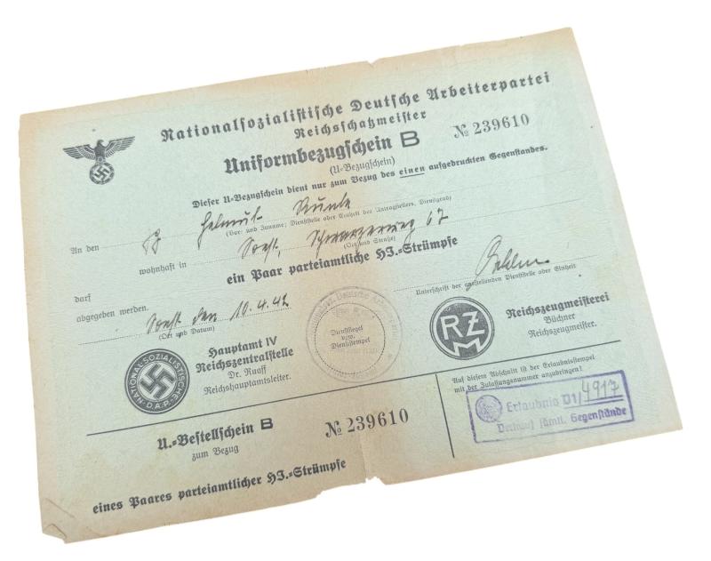 HJ/NSDAP/SA Uniform Approval Document (Socks)